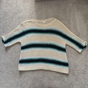 J.Jill Open Knit Linen Blend Striped Top 3/4 Sleeve Boho Coastal Beach Travel MP